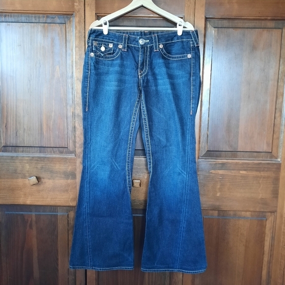 True Religion Denim - True Religion Joey Big T Twist Leg Flare Dark Wash Thick Stitch Flap Pockets 32